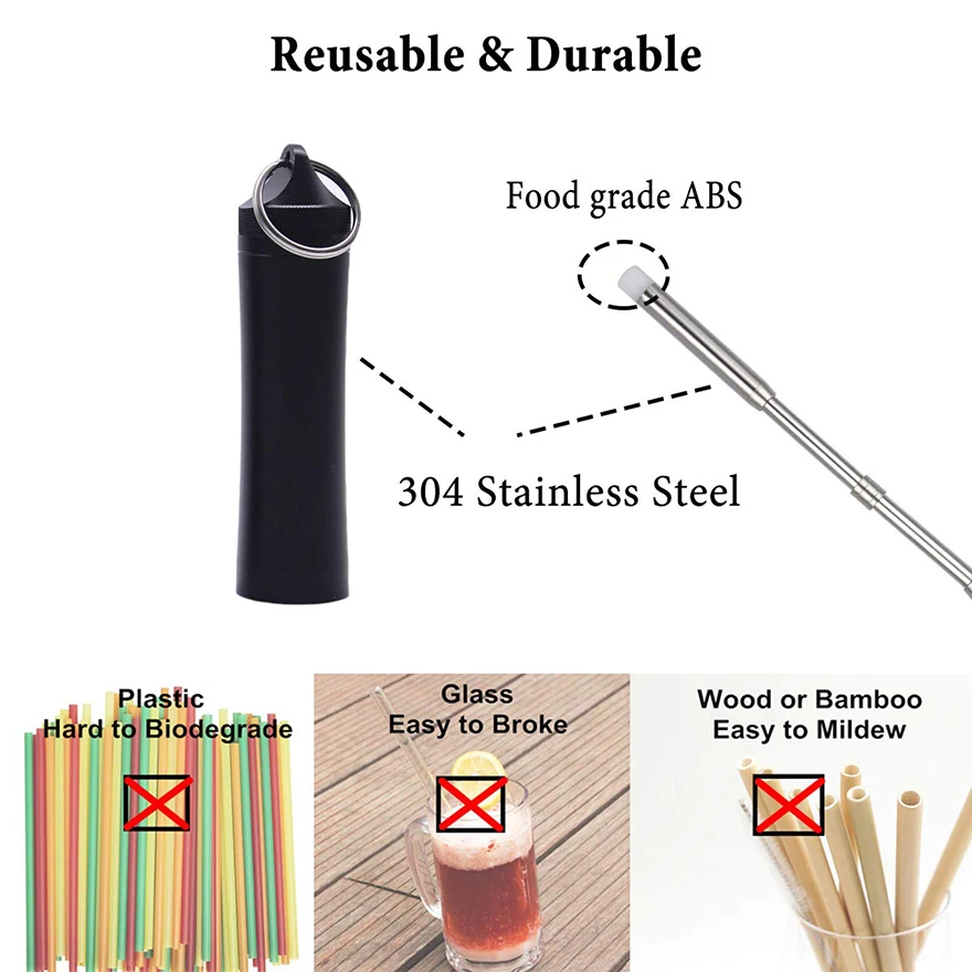 Многоразовая Выдвижная металлическая соломинка с телескопической длиной Складная нержавеющая сталь Питьевая Гибкая Трубочка металлическая соломинка брелок
