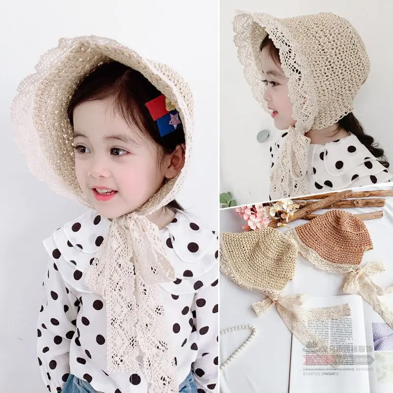 

Children Kids Girls UV Protection Handmade Straw Sun Hat Crochet Floral Lace Trim Braided Woven Foldable Wide Brim Beach Cap