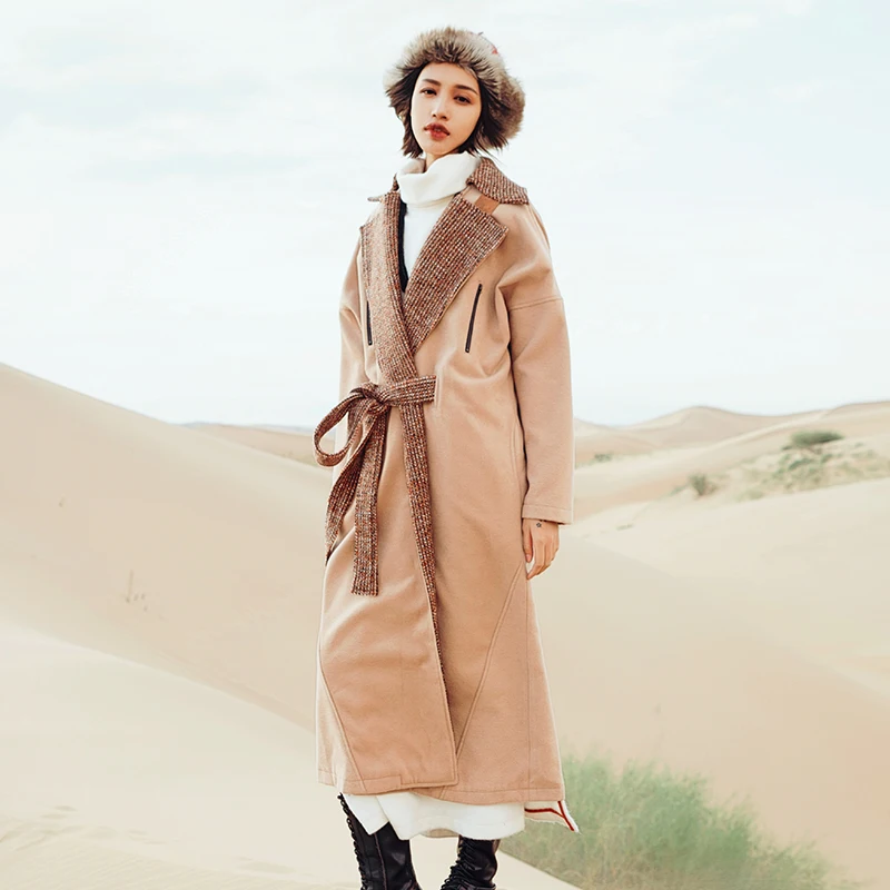 AIGYPTOS A.A дизайн, зимнее женское пальто с длинным рукавом, с большим отворотом, с поясом, свободное, длинное, шерстяное пальто, верхняя одежда