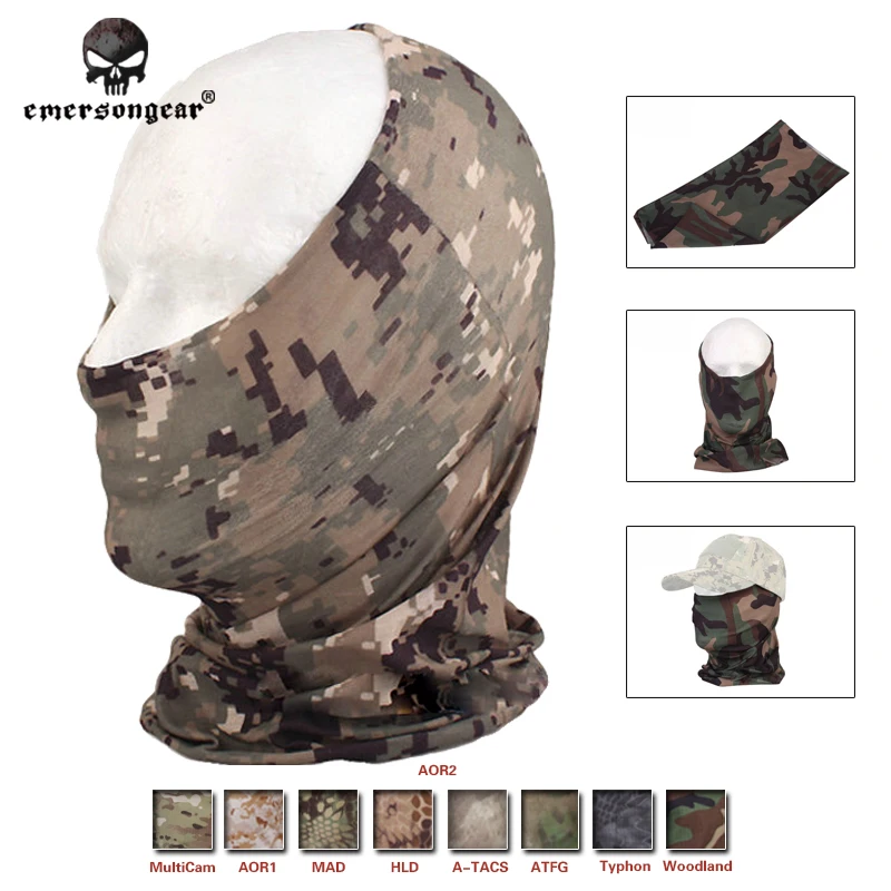

Emersongear Quick Dry Multi-functional Hood Mask Wargame Hunting Scarf Emerson Combat Gear Veil Mesh Scarves EM6628 Multicam AOR
