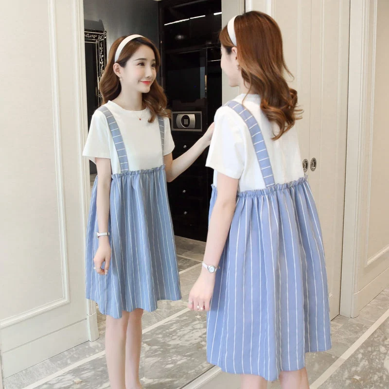 

New summer maternity dress loose fake two-piece dress striped stitching Korean fashion pregnancy skirt