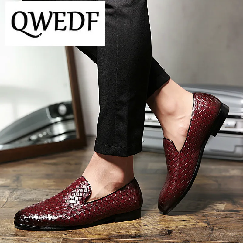 QWEDF Men Leather Shoes Luxury Brand Casual Weave Loafers Slip On High Quality Hot sale Mens ...