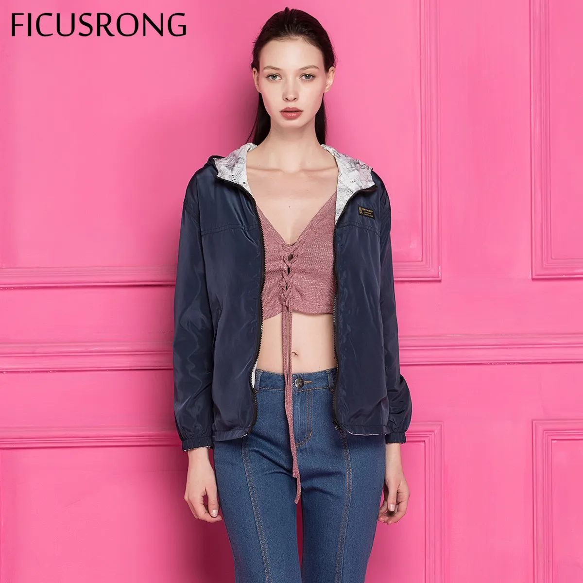FICUSRONG 2018 New Autumn Women Bomber Basic Jacket Pocket Zipper Hooded Two Side Wear Cartoon Print Outwear Navy Loose Coat