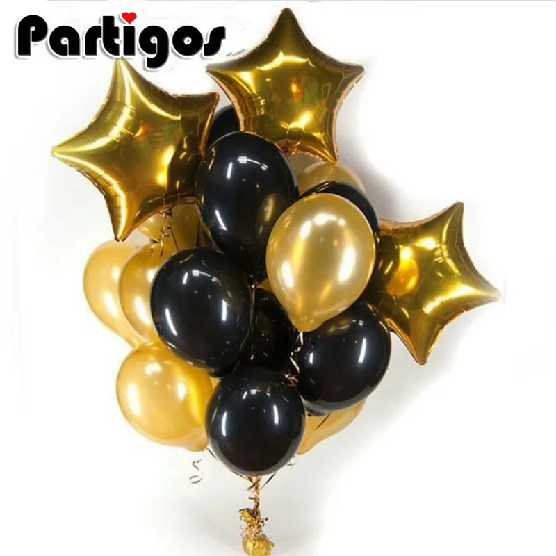 

13pcs/lot 12 inch pearl black Latex balloons with 18 inch gold star wedding birthday party decor inflatable air balloon