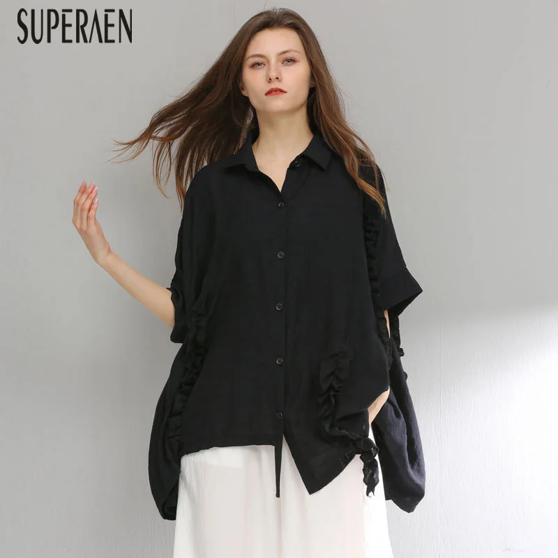 

SuperAen 2019 Fashion Women Shirt Solid Color Wild Casual Ladies Blouses and Tops Summer New Lapel Europe Women Clothing