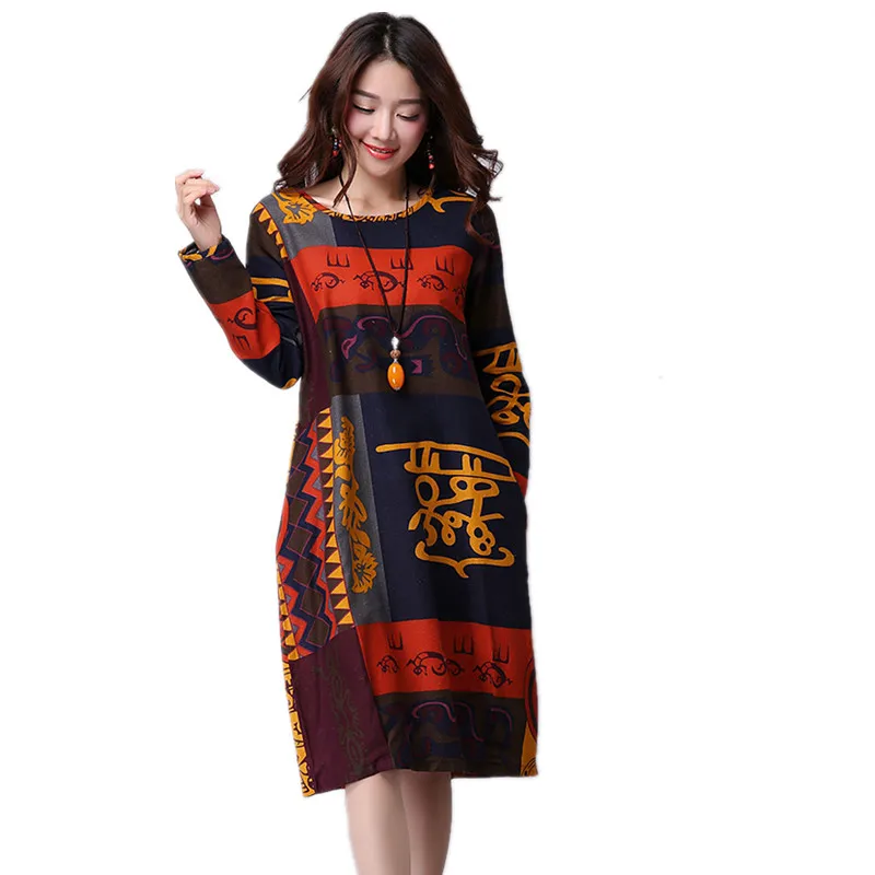 

Plus size M-XXL Vintage print loose casual autumn dress 2019 new arrival women Spring fashion dress cotton linen midi dress