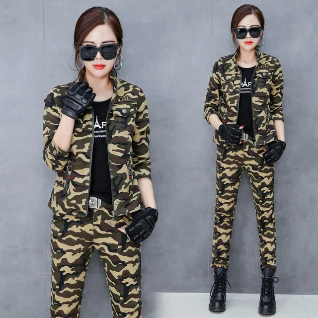 M 6XL Camouflage Military Women Suit 3 Piece Set Black T Shirt
