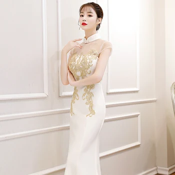 

Oriental Women Elegant Stage Performance Qipao Sexy Slim Mermaid Dress Evening Gowns Vintage Mandarin Collar Long Cheongsam