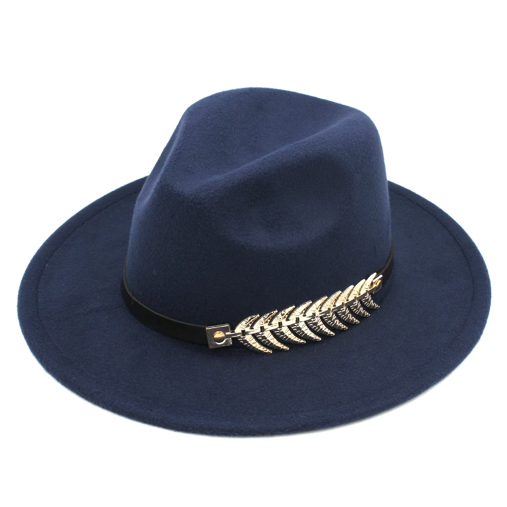 Navy Blue Mistdwan Для женщин полушерстяные Панама шляпа с широкими полями Fedora Кепки сплав рыбья кость кожаный ремешок Размеры 56-58 см - Цвет: Navy Blue
