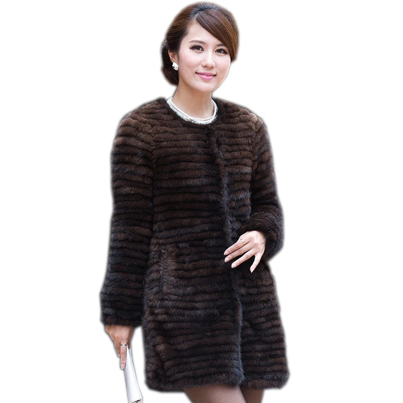 

Real Knit Mink Fur Jacket For Women Top Fashion Natural stripe Mink Fur Coat 2019 New Long Slim Real Fur Coat Size