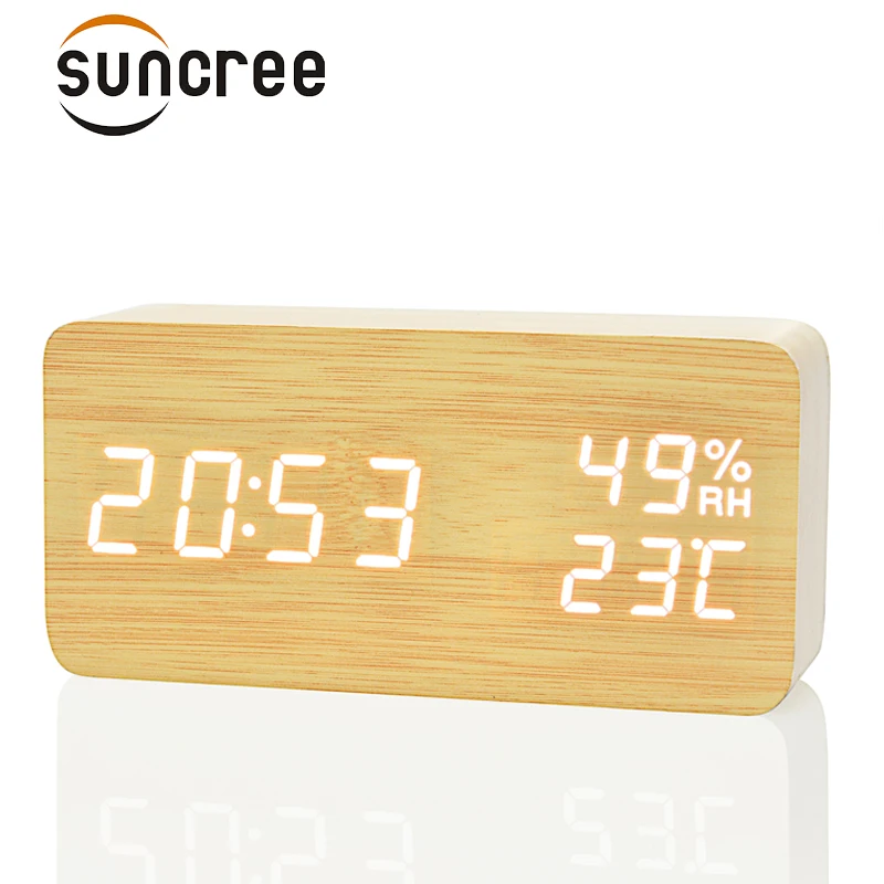 Suncree Wood Wooden Led Alarm Clock,despertador Temperature Humidity