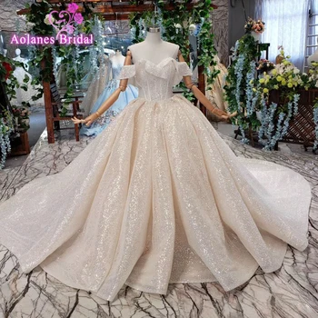 

Dubai Gold Off Shoulder High-end Wedding Dresses 2019 Vintage Sequined Sparkle Lxuryu Bridal Wedding Gown Glliters Bridal Dress