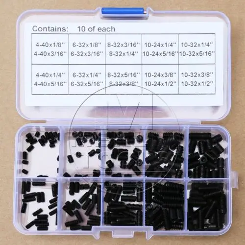 

200Pcs 4-40 to 10-32 Set Allen Head Hex Socket Screws Assortment Kit