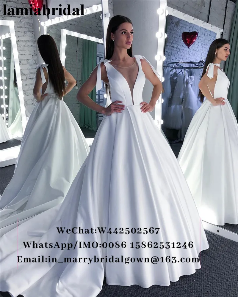 

Modest Plus Size White Cheap Wedding Dresses 2019 A Line Ilusion V-Neck Simple Satin Bow Country Greek Style Vestido De Novia