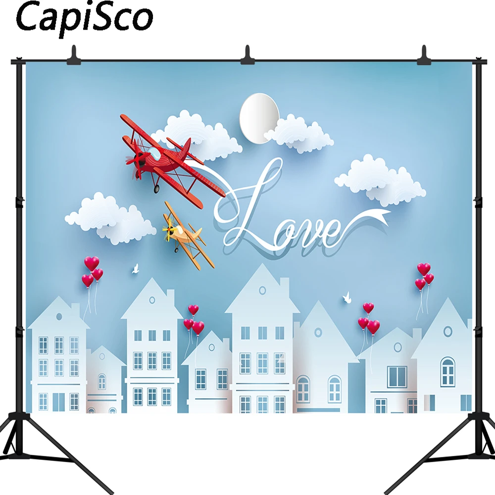 

Capisco Love You Backdrop Baby Shower Red Vintage Aircraft White Cloud Background Happy Birthday Photography Background