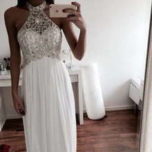 MZ-MSRHS Neckholder Silbrig Kristalle Prom Kleider Glänzende Perlen Kleid Lange Weiß Chiffon Abendkleider