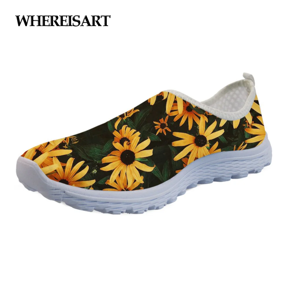

WHEREISART Floral Style Women's Shoes Ladies Sneakers Casual 3D Flower Sunflower Printing Spring Summer Mesh Flats Shoes Woman