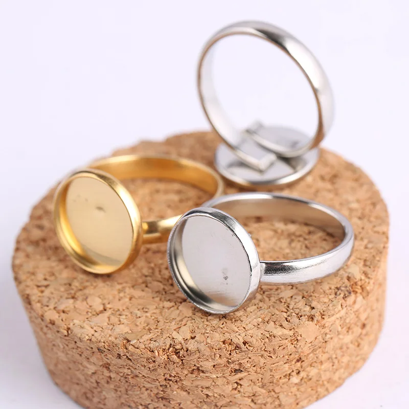 

reidgaller 10pcs 12mm round cabochon ring base blanks adjustable stainless steel gold plated bezel settings for jewelry making
