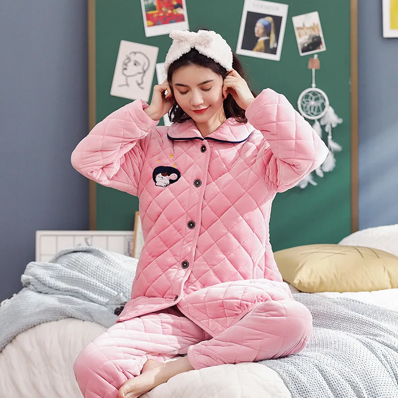 

Pajamas women's winter coral fleece three-layer thick quilted fresh sweet warm flannel cardigan home service suit maternity set