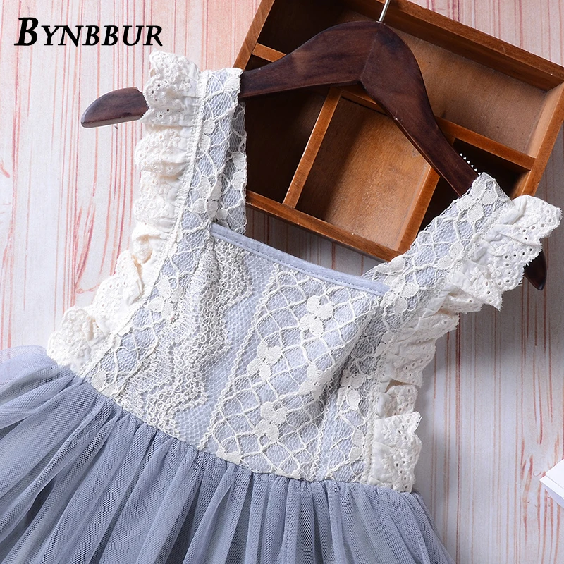Bynbbur Lace Mesh Patchwork Ruffles Princess Dress Girls Bow Party Dress Backless Cute Baby Kid Girls Dress 2019 Summer New