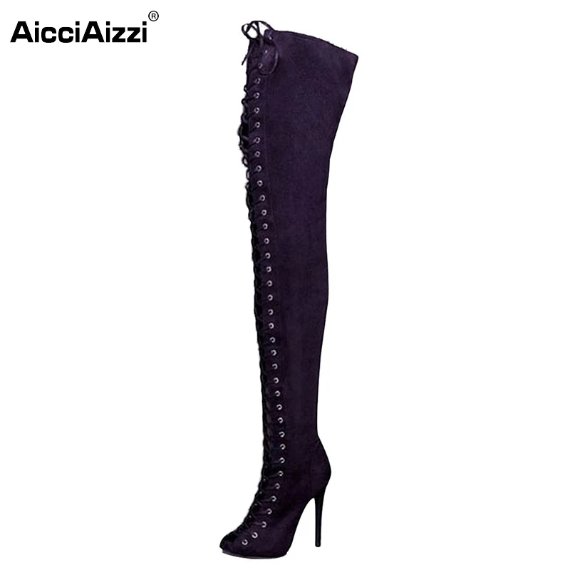 Women Pointed Toe Knee-high Boots Woman Fashion Lace Up Thin High Heels Boots Female High-quality Shoes Size 35-46 B097