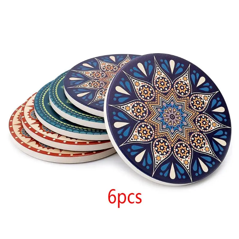 

6pcs/set Flower Drink Coasters Table Mats Moisture Absorbing Ceramic Cork Base Stone Tea Holder For Cup Mug Office Home