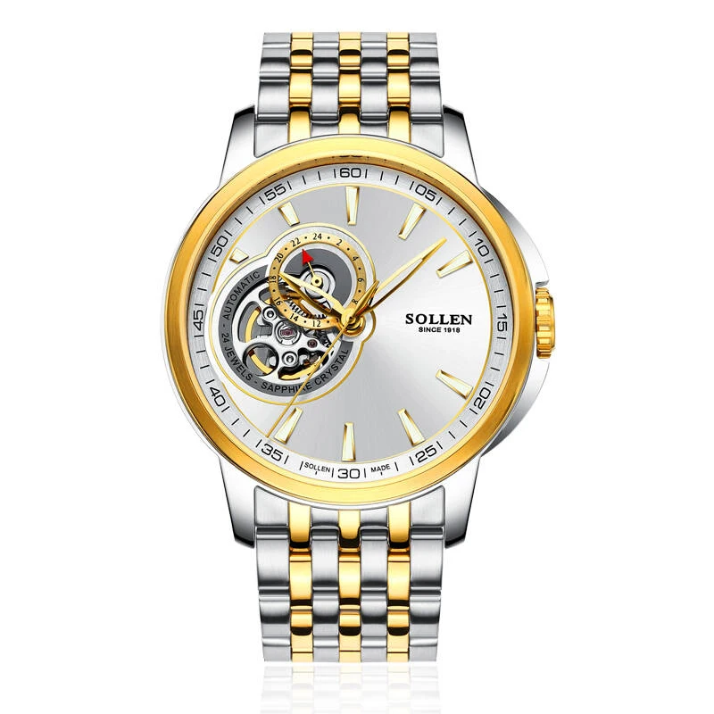 

SOLLEN SL502 watches men luxury brand japan 24 JEWELS NH39A automatic mechanical movement skeleton sapphire golden