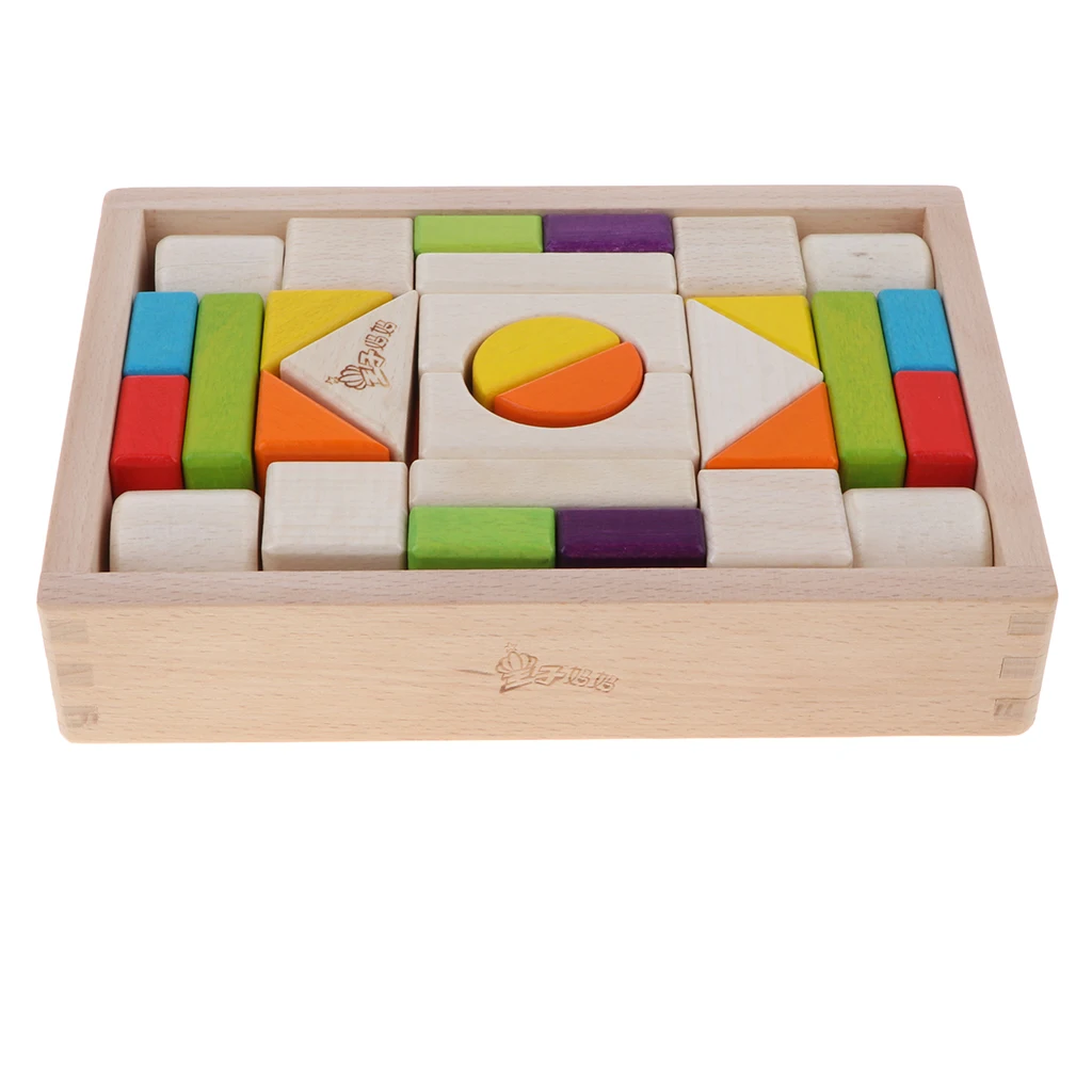 30 Pieces Solid Wood Building Blocks Toy Set with Storage Tray Color & Shape Cognitive Block Stacking Game Toy for Kids Gifts