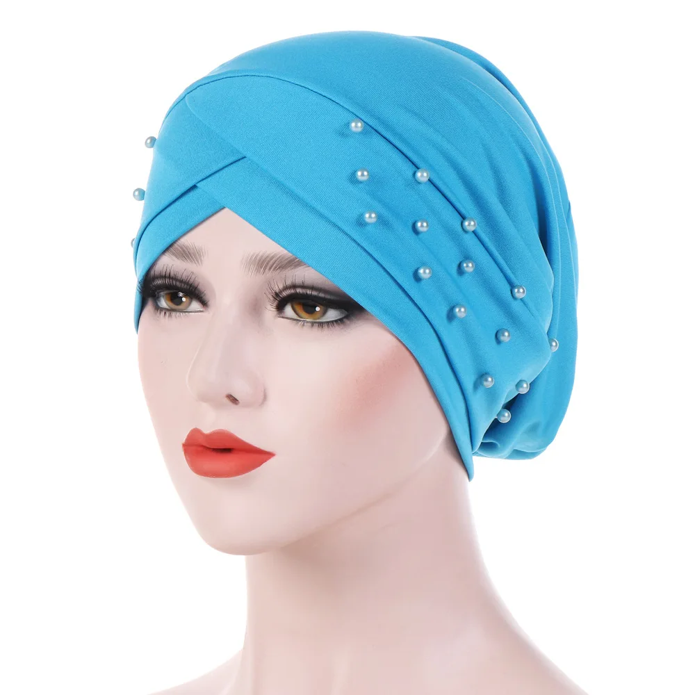 Новинка, эластичная хлопковая шапка-тюрбан с перекрестными лямками, Женская бандана, головной убор из бисера, шапочка для химиотерапии, женская шапка, аксессуары для волос - Цвет: sky blue