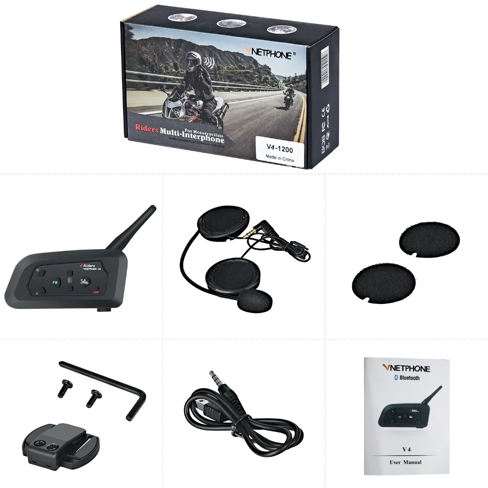

New 1200M V4 BT Multi Interphone Bluetooth Intercom Waterproof FM Motorcycle Headphone Helmet Headset Communicator 4 Riders
