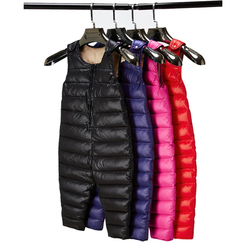 

2~5T Russian Winter Baby White Down Catsuit Suspend Long Pant Boys Warm Sleeveless Romper for Girls Snowsuit Trousers Overalls