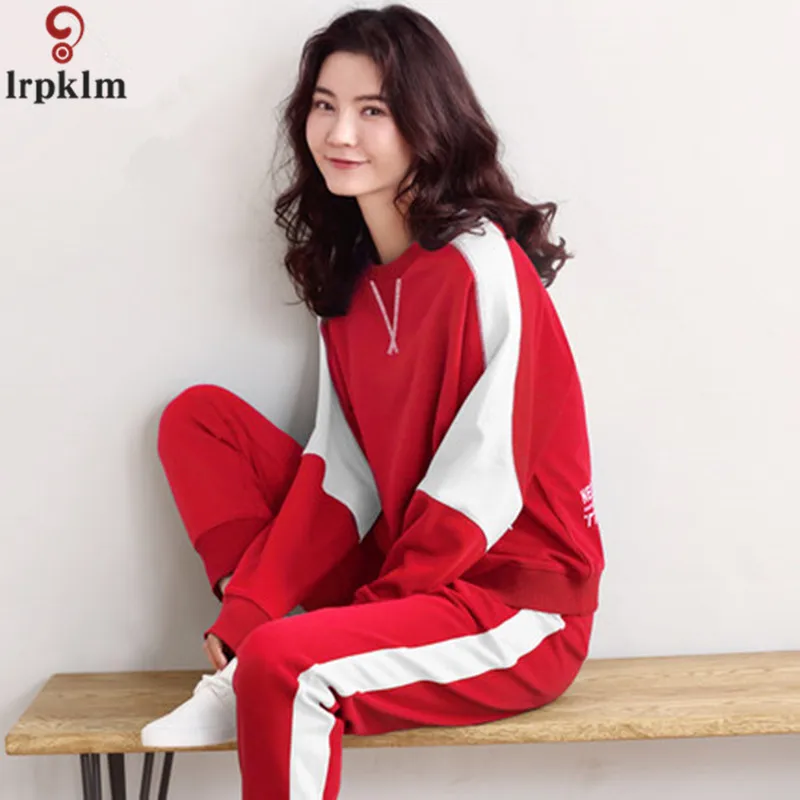 Women's sports pajamas autumn cotton long-sleeved home service size ladies suit loose tops plus elastic pants two sets of women's pajamas (24)