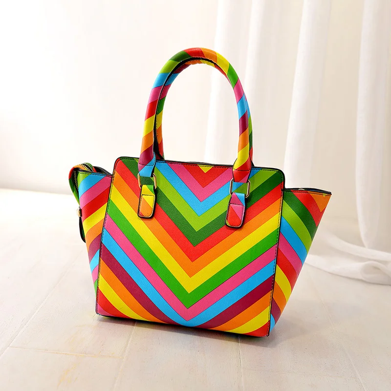 2015 Summer Bags Rainbow Striped Bag Colorful Fashion Women Handbag