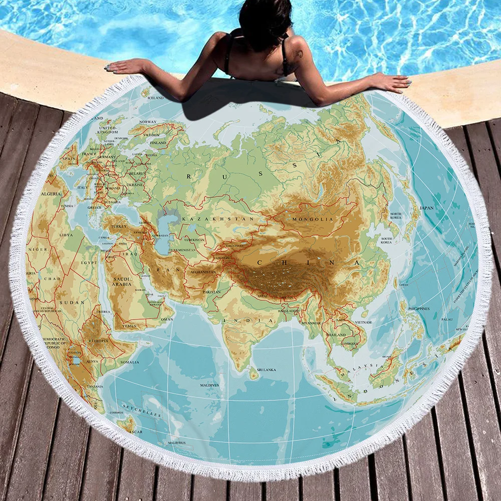 150cm World Map Printed Large Round Beach Towel Microfiber With Tassels Thick Terry Cloth Towels Serviette De Plage | Дом и сад