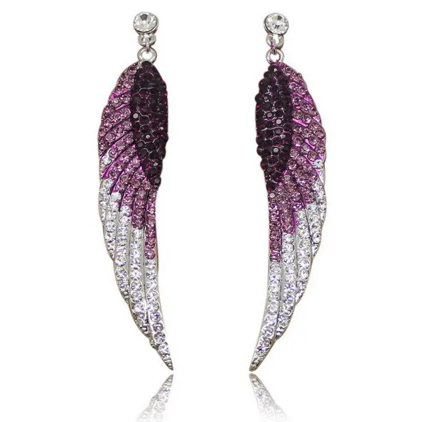 

Long Rhinestone Angel Wings Feather Crystal Earrings Jewelry For Women Fashion Charm Stud Earrings with Stone