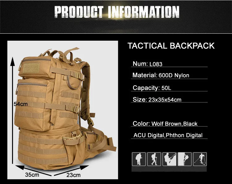 50л большой вместительный военный армейский тактический рюкзак, мужской рюкзак для путешествий, водонепроницаемый камуфляжный рюкзак для похода, mochila militar