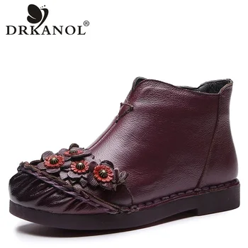 

DRKANOL Women Winter Snow Boots 2019 Genuine Leather Women Ankle Boots Handmade Flower Rivet Low Heel Warm Cotton Shoes Big Size
