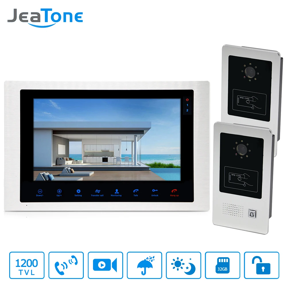 10'' Video Door Phone Home Video Intercom 4-Wired Doorbell Monitor Intercom Waterproof Wide View Angle Call Panel/RFID Card 2-1
