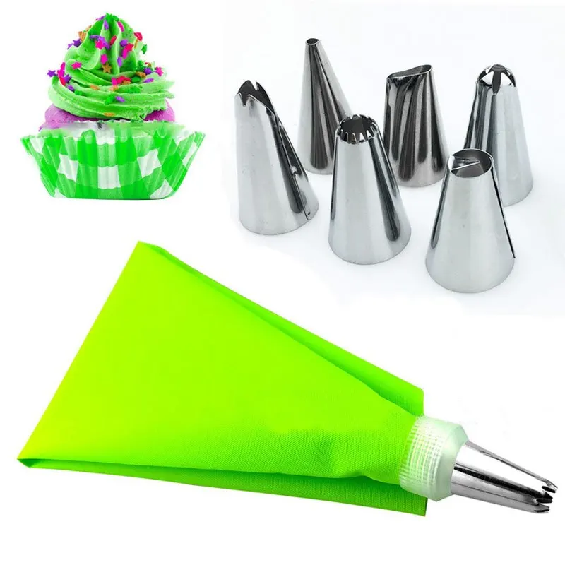 8 PCs Silicone Icing Piping Cream Pastry Bag+6 Stainless Steel Kitchen Dessert Cake Decorating Tools Nozzle DIY Tips Set