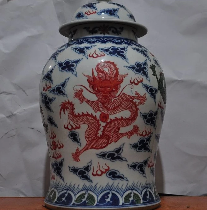 

Antiques Marked Old ChinA Wucai Porcelain Dragon Statue Tank pot jar Crock Altar