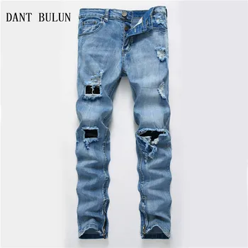 

2020 Mens Ripped Jeans Blue Distroyed Hole Ankle Zipper Jeans Men Side Zipper Biker Slim Skinny Jeans For Men Plus Size