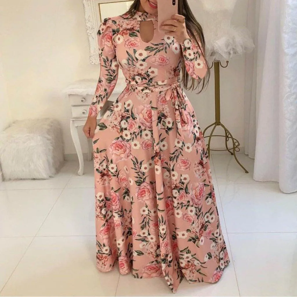 

Feitong Floral Printed Maxi Dress Women's Long Sleeve Bandage O Neck Button Down Casual Beach Party Long Dress