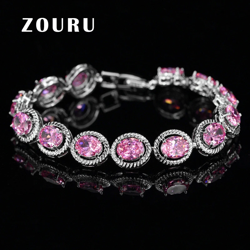 

ZOURU Brand Handmade Fashion White Gold Plate Link Chain Round Big AAA CZ Stone Paved Charm Bracelet &Bangles For Women Femme