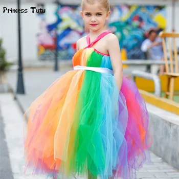 

New Girls Rainbow Tutu Dress Tulle Flower Girl Princess Dress Girls Party Wedding Prom Pageant Dresses Kids Evening Gowns