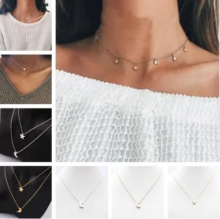 

T 02 1 Pieces 2018 European and American fashion simple thickened five-pointed star moon love alloy pendant necklace clavicle je