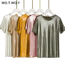 WOTWOY, серебристые, прессованные, вязаные футболки, женские,, летние, сексуальные, тонкие, круглый ворот, короткий рукав, розовая футболка, женские, одноцветные футболки Harajuku