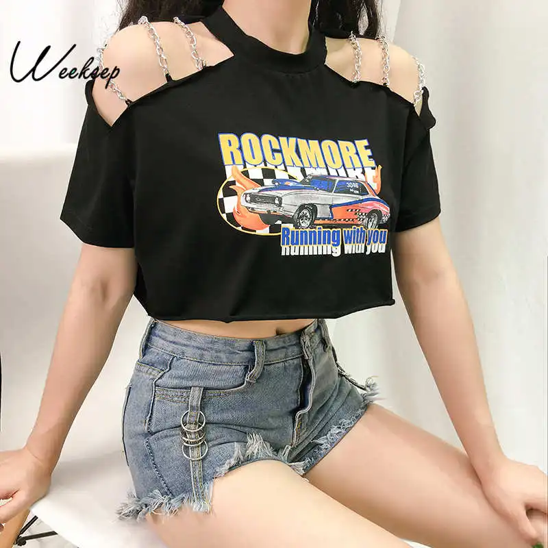 

Weekeep Cropped Loose Metal Chain O-neck t shirt Women Hollow Out Streetwear tshirt Summer Fashion Tee Shirt Femme Tops