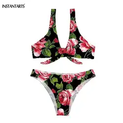 INSTANTARTS тропический красный цветочный узор женские сексуальные купальники из 2 предметов летний галстук-бабочка одежда для плавания