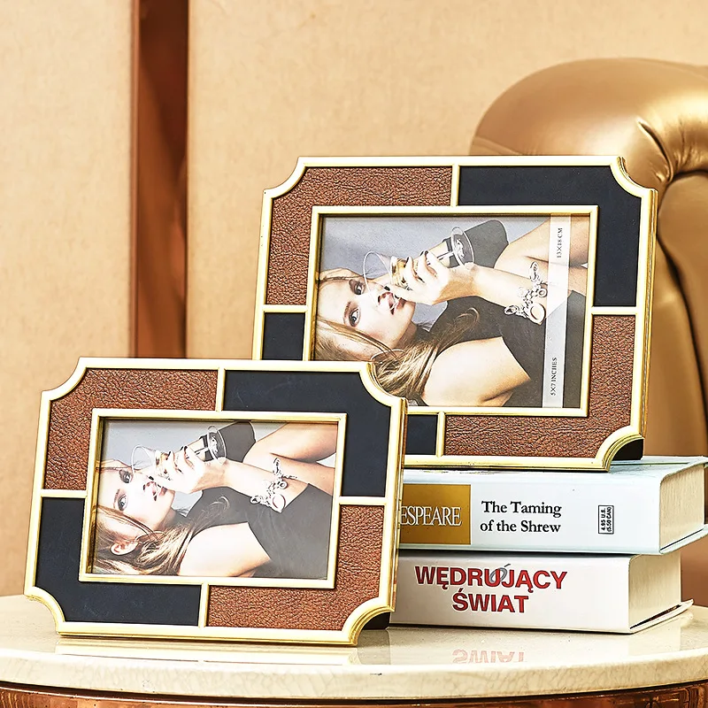 

Golden Light Luxury Blue Brown Leather Photo Frame European Retro Metal Photo Frame 6 Inch 7 Inch