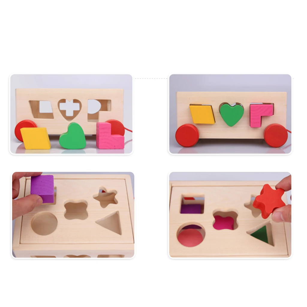 Kids Wooden Shape Sorting Car Educational Toys Toddler Baby Jigsaw Stacking Game Toddler Drag Car to Walk Gifts